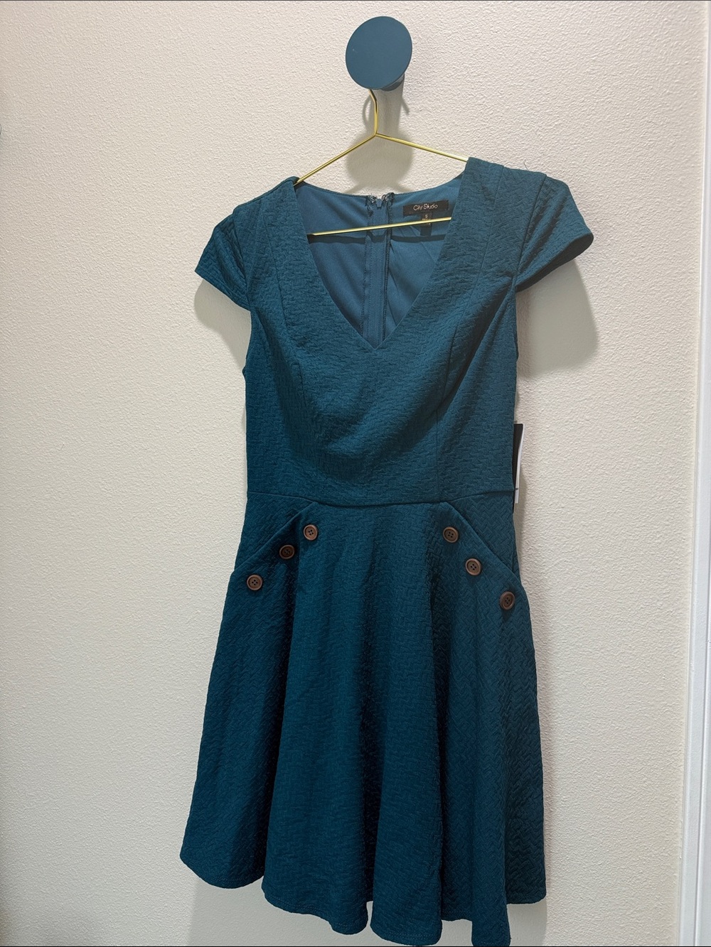 City Studio Teal Textured V-Neck Fit & Flare Mini Dress